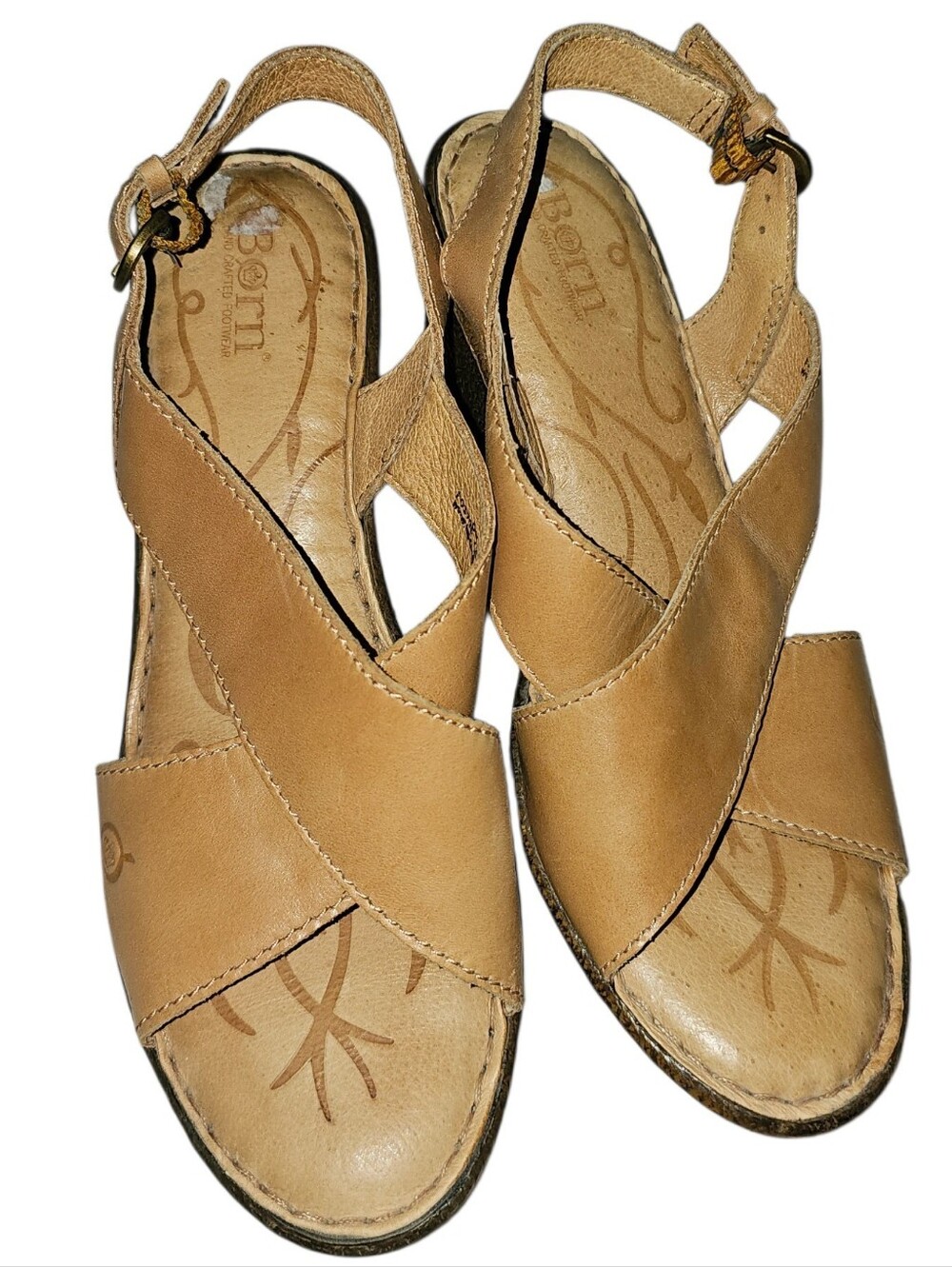 B.O.C. BORN Tan Leather Crisscross Slingback Wedge Sandals - Size 8